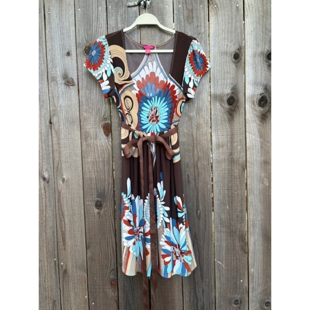 Sunny Leigh Womens Brown Floral Medallion Print Short Sleeve Belted Dress Size L